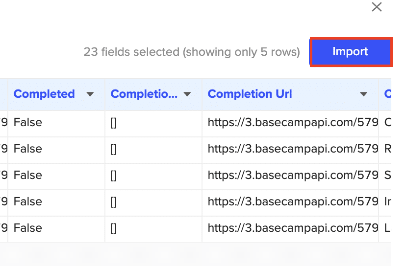 Clicking “Import” to pull the selected Basecamp data into Google Sheets.