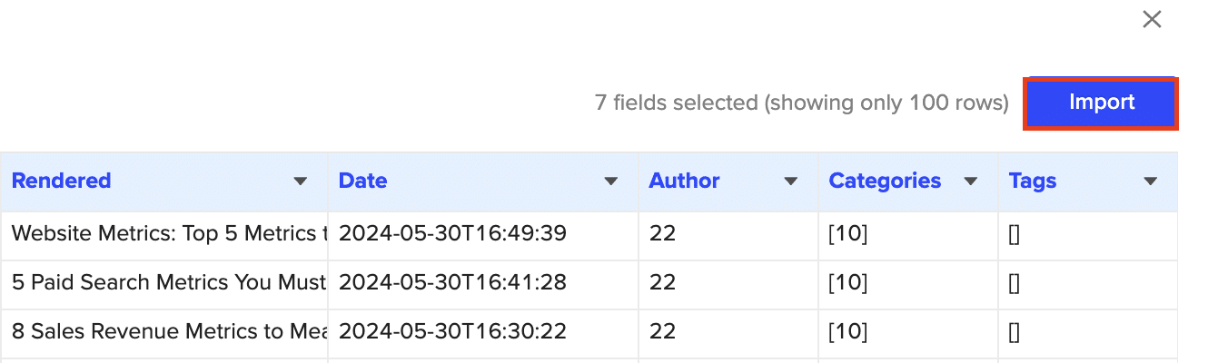 Clicking “Import” to pull the selected WordPress data into a new Google Sheet.
