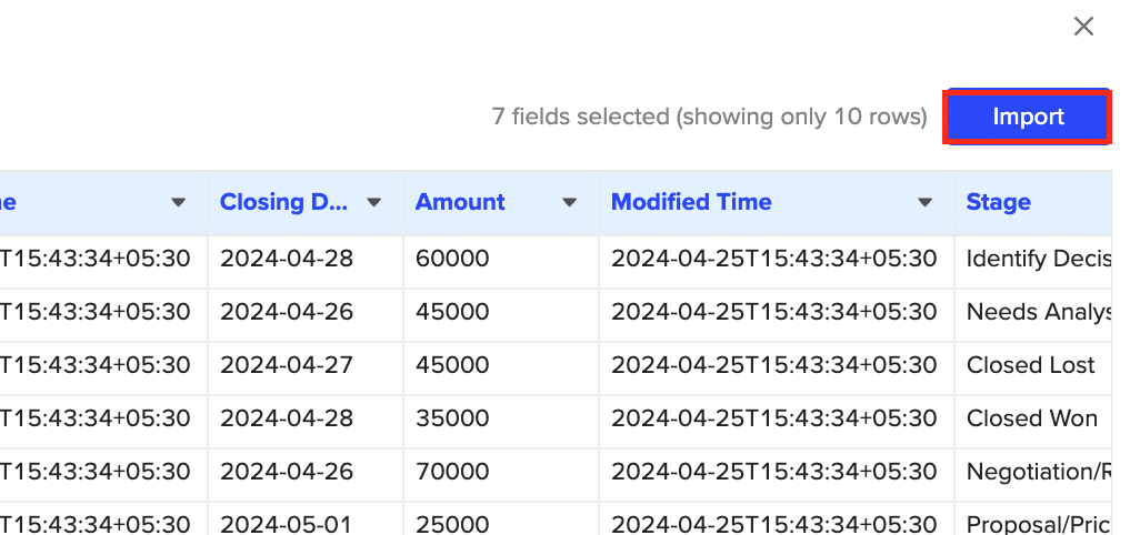 Clicking “Import” to fetch the data into your spreadsheet from Zoho CRM.