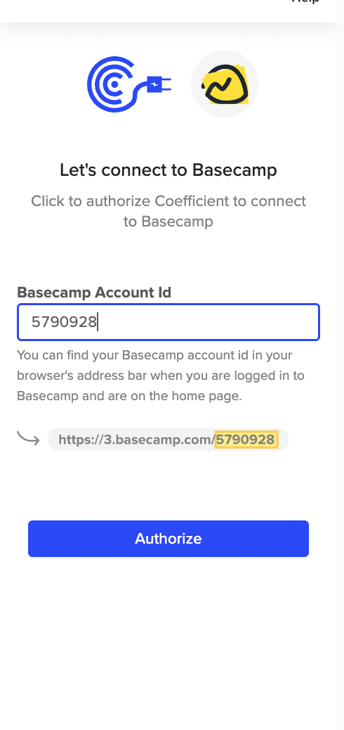 nputting your Basecamp account ID (found in your Basecamp URL after .com).