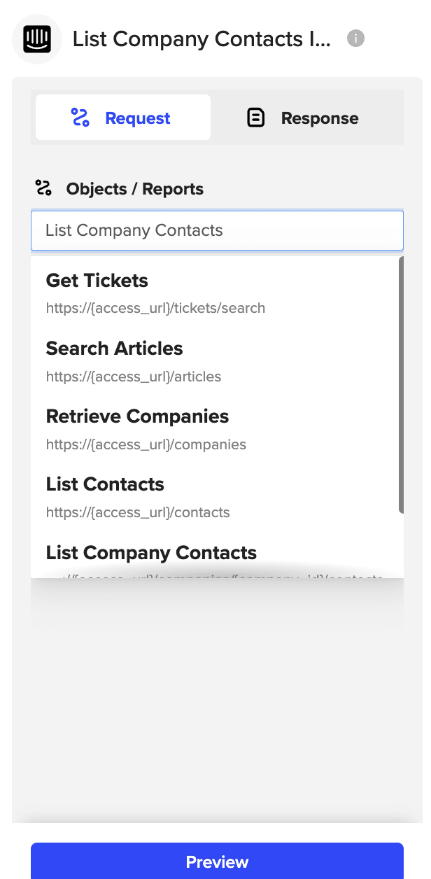 Selecting “List Company Contacts” from the objects menu and pasting company ID.