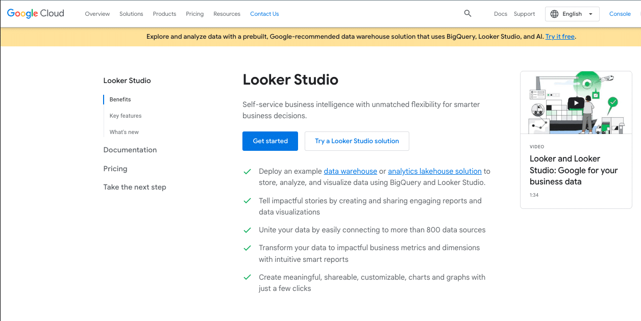 Screenshot of the Looker Studio homepage showcasing their self-serve reporting capabilities.