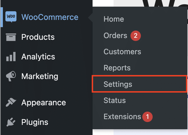 Navigating to WooCommerce > Settings in the WordPress admin.