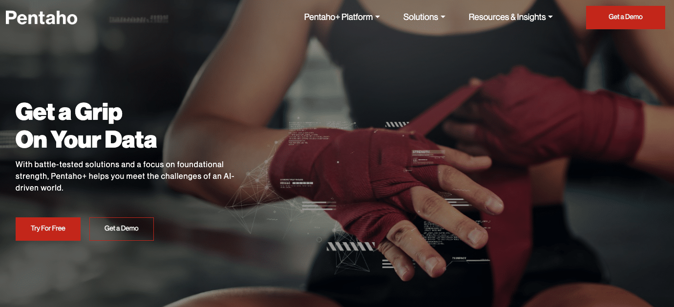 Screenshot of the Pentaho homepage highlighting their free data integration and reporting solutions.