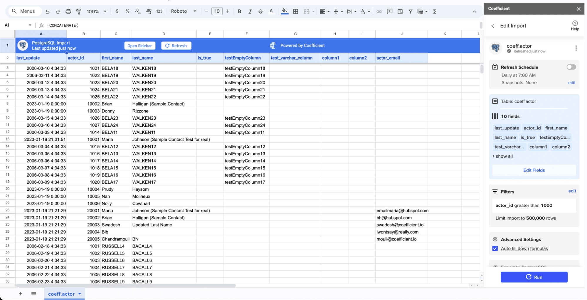  PostgreSQL import automatically populating the spreadsheet in a few seconds.