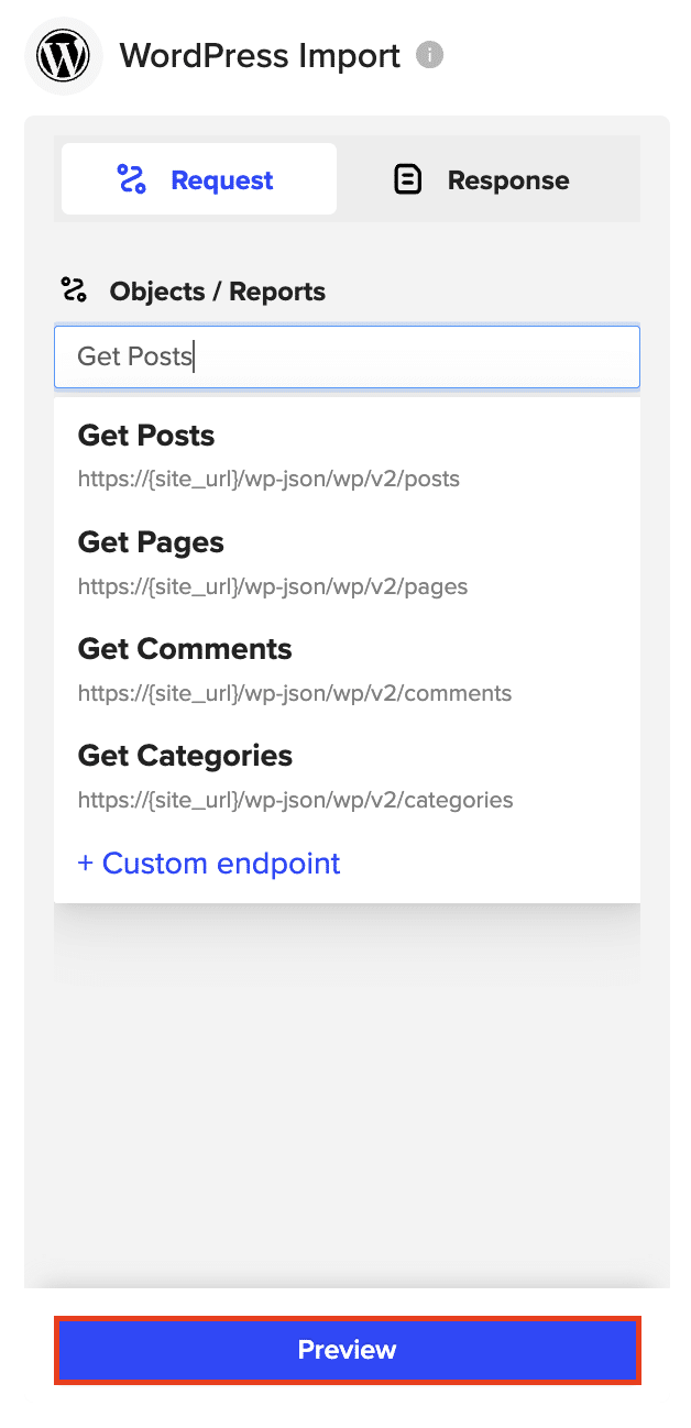 Clicking “Preview” to see available data fields in WordPress.