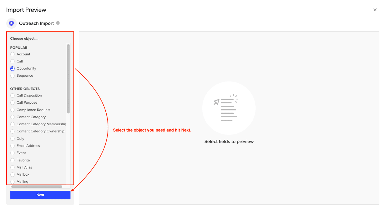 Returning to Outreach from the menu ‘Import From…’ > ‘From Objects and Fields.’
