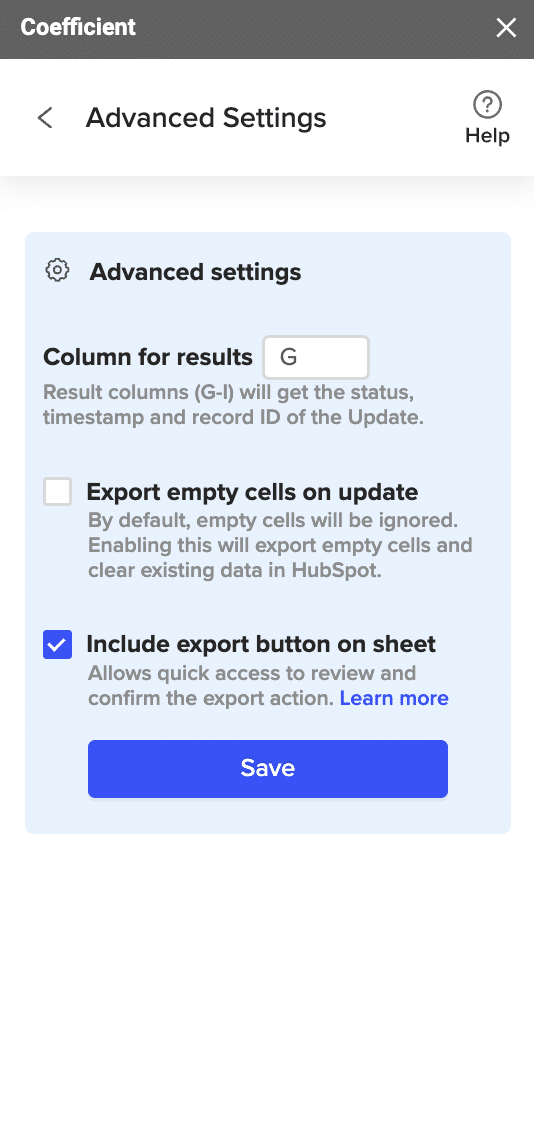 Reviewing settings and clicking “Export” to export data to HubSpot.
