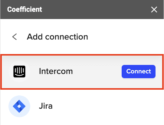 Adding and searching for “Intercom” then clicking “Connect.”