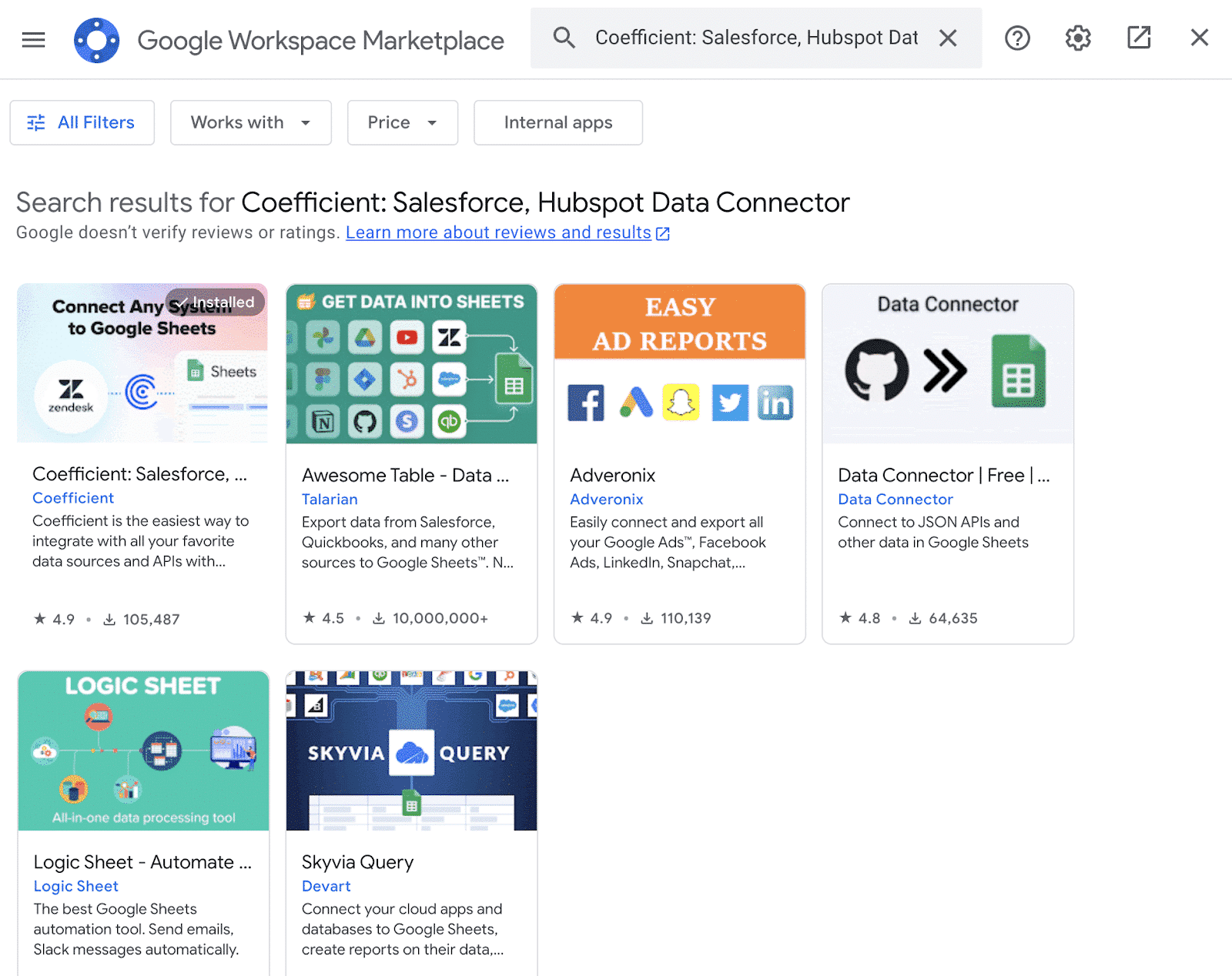 Searching for “Coefficient” in the Google Workspace Marketplace.