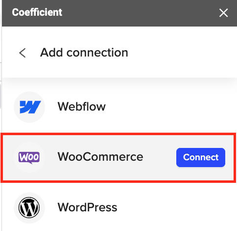 Searching for “WooCommerce” and selecting it from the available integrations.