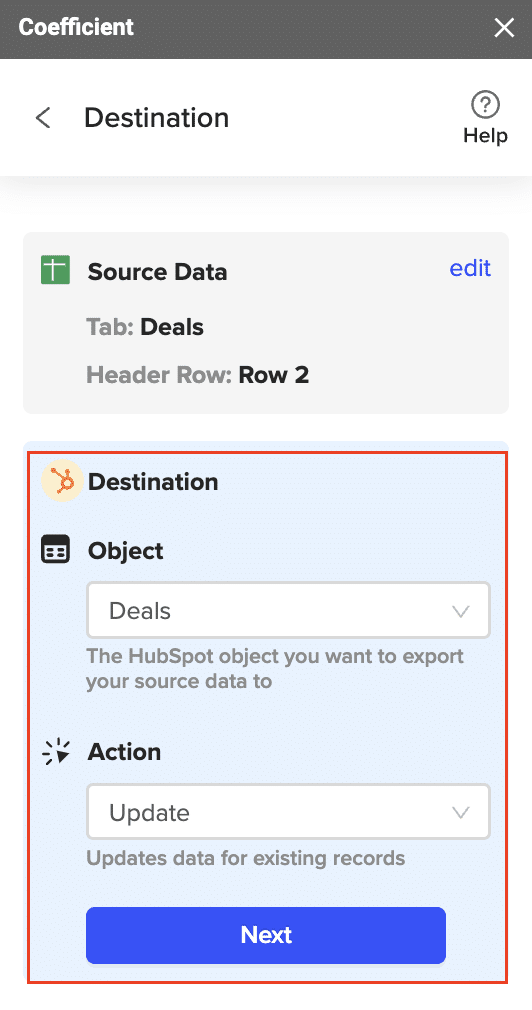 Selecting the action to perform (Update, Insert, or Delete) in HubSpot.