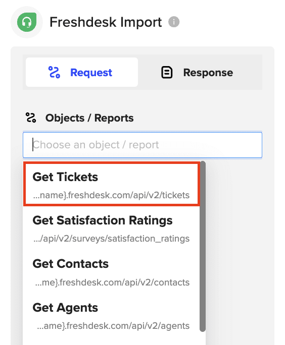 Selecting an endpoint, such as “Get Tickets”, to fetch data from Freshdesk.