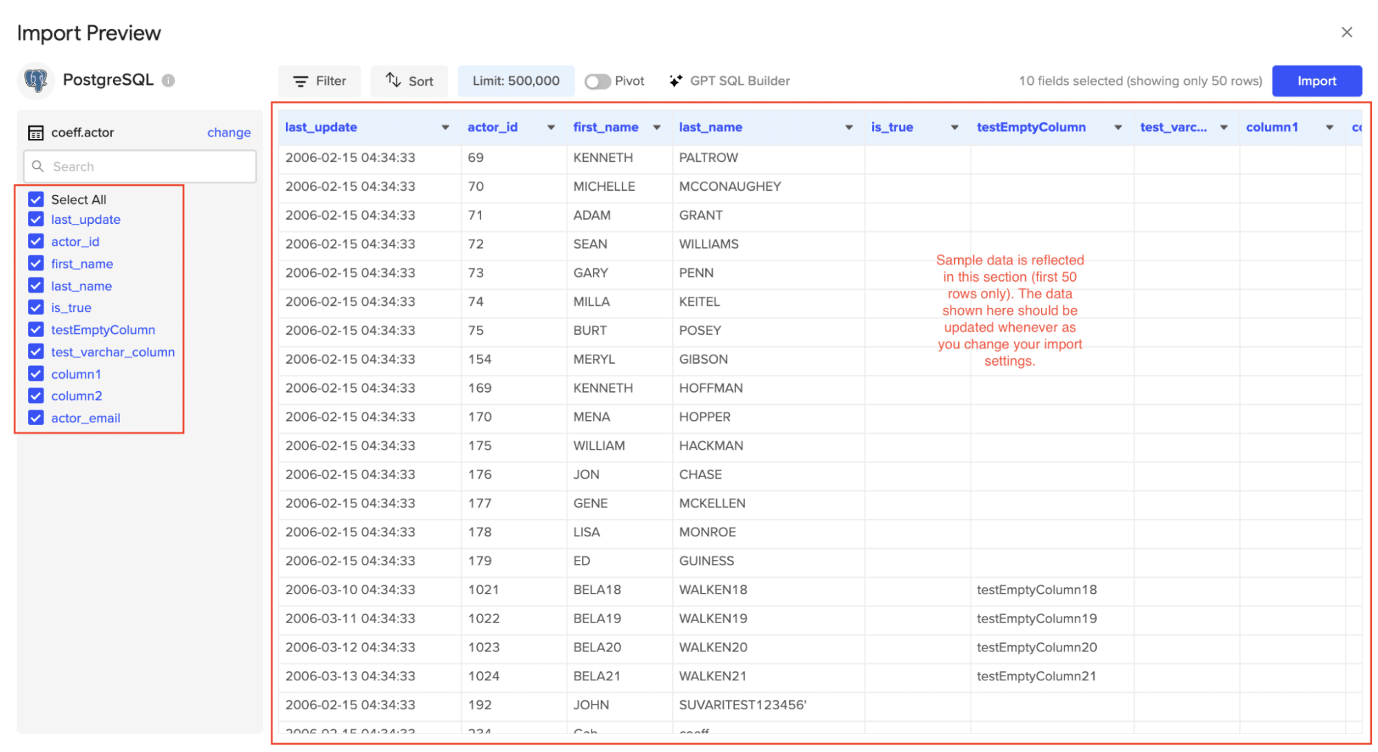 Viewing fields within the selected table in the Import Preview window and selecting fields to include by checking/unchecking boxes.