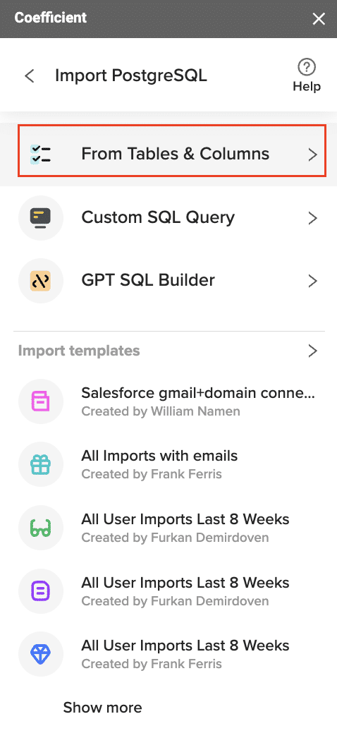 Selecting “From Tables & Columns” as the import option.