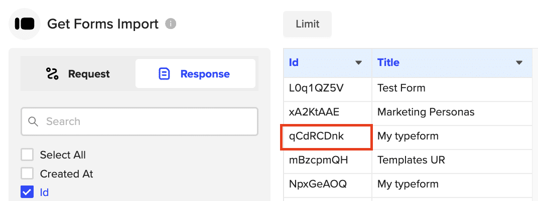 Selecting an object from the available options, such as “Get Forms”, “Get Form Responses”, or “Get Workspaces.”