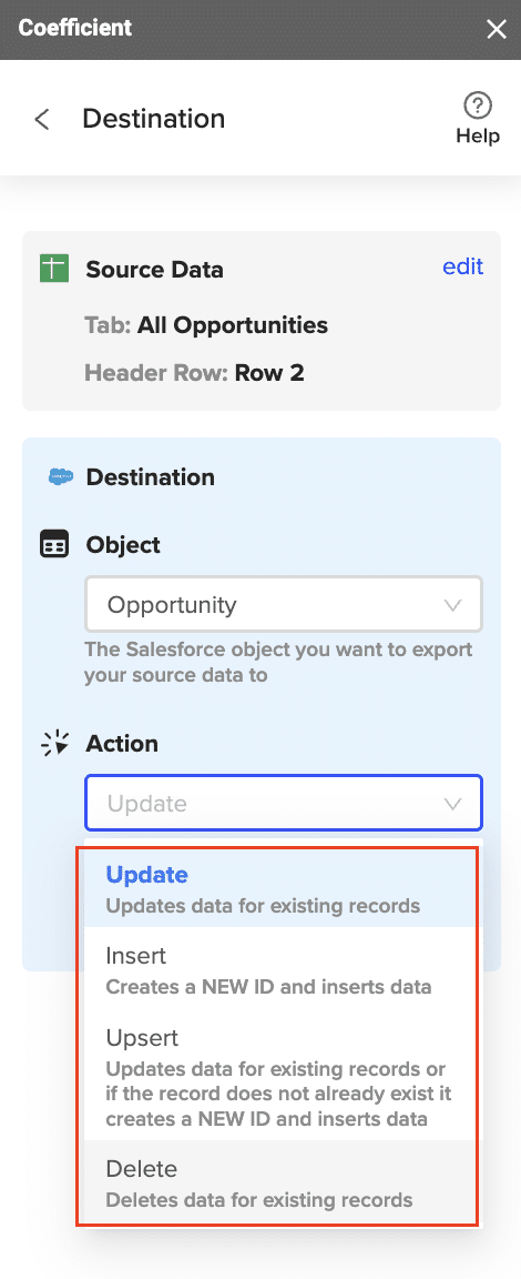 Selecting the Salesforce Object you want to export data to, e.g., “Opportunity”, “Contacts”, etc.