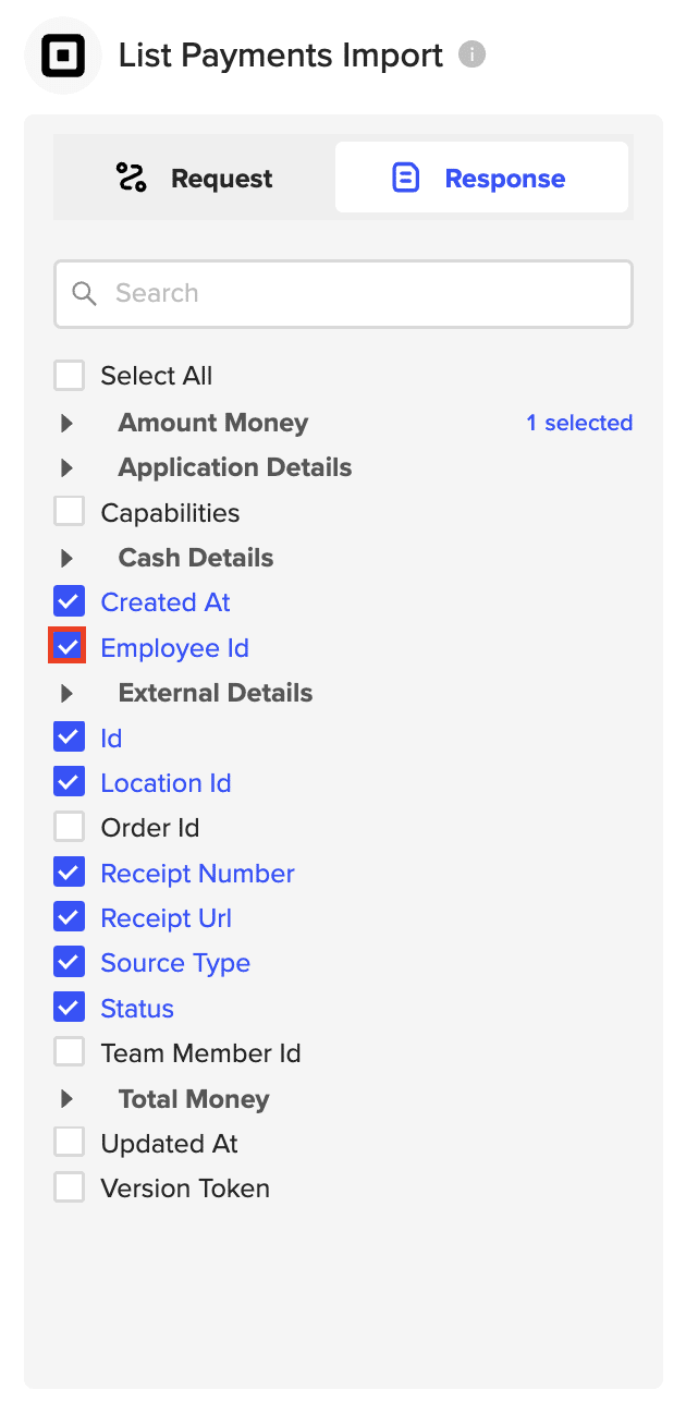 Selecting payment data fields like Payment ID, Amount, and Created At to include.