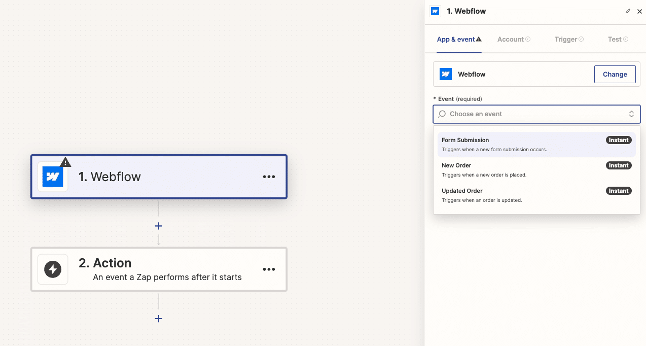 selecting Webflow as the trigger app and choosing the “New Form Submission” event in Zapier.