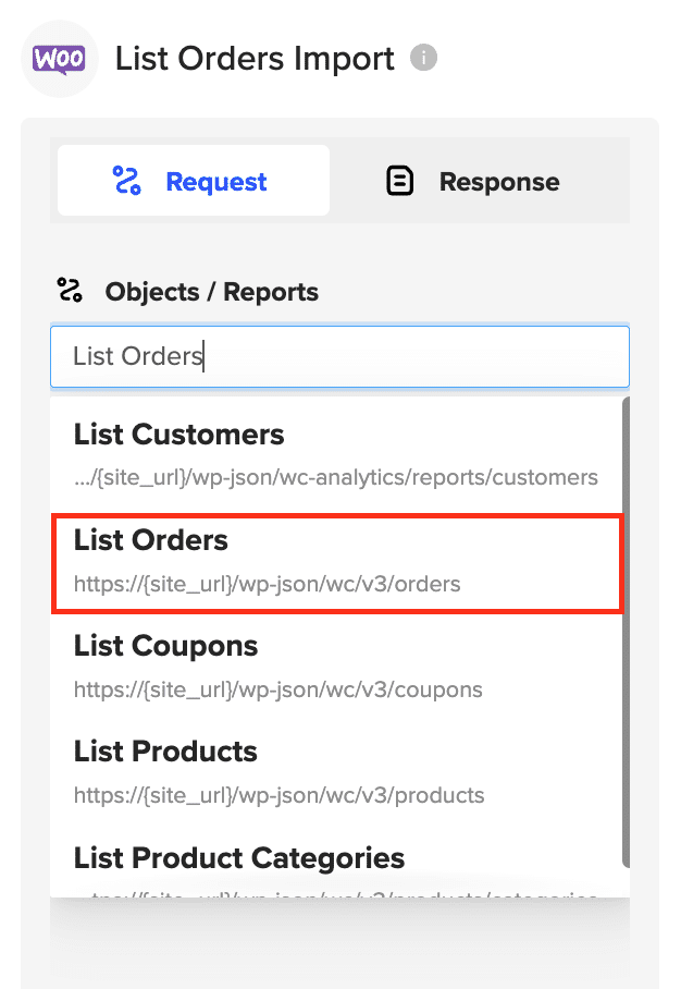 Selecting WooCommerce data to import, such as Orders, Products, or Customers.