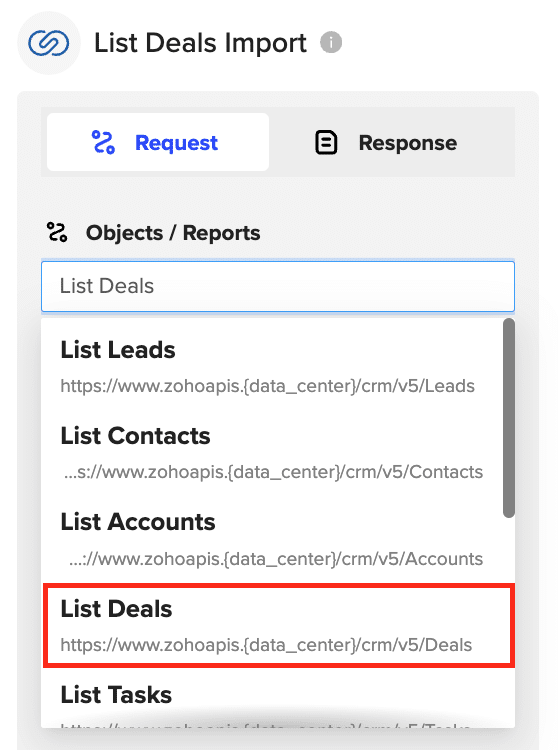 Selecting the desired Zoho CRM object (e.g., Leads, Contacts, Accounts, Deals) from the available options.