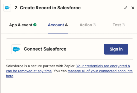 Clicking “Sign in to Salesforce” in Zapier.