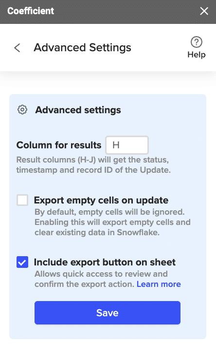 Specifying additional settings such as batch size, whether to export empty cells on an update, and the column for results.