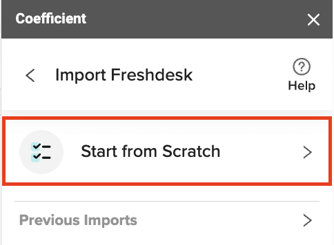Selecting “Start from Scratch” to begin the data import process in Coefficient.