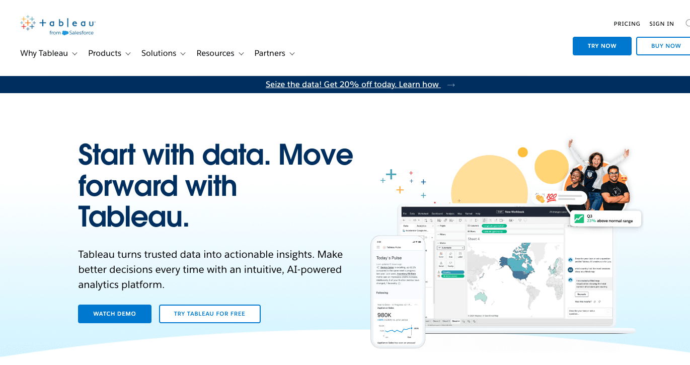 Screenshot of the Tableau homepage featuring their self-serve reporting platform.