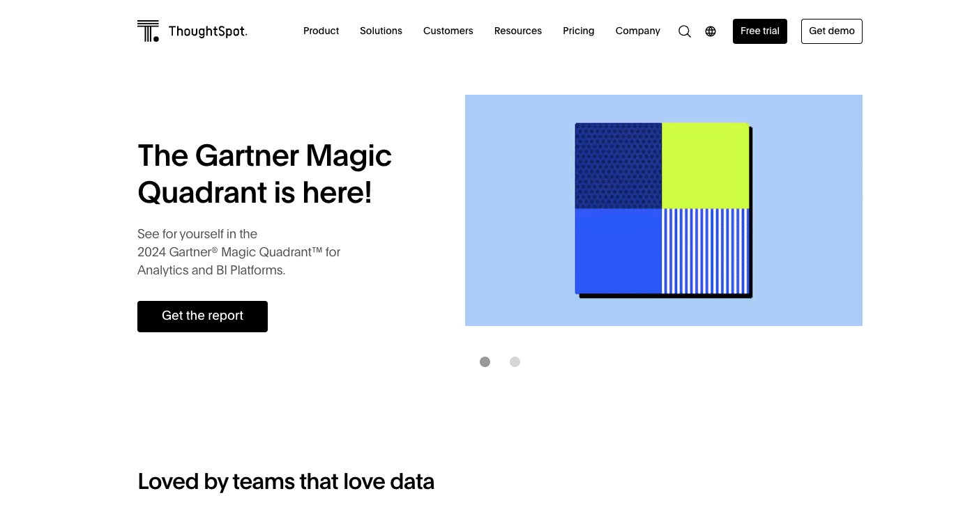 Screenshot of the ThoughtSpot homepage highlighting their self-serve reporting solutions.