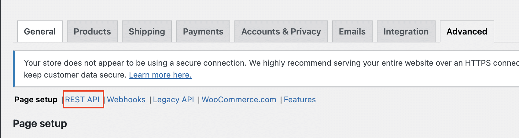 a screenshot of a web page with a link to a page setup