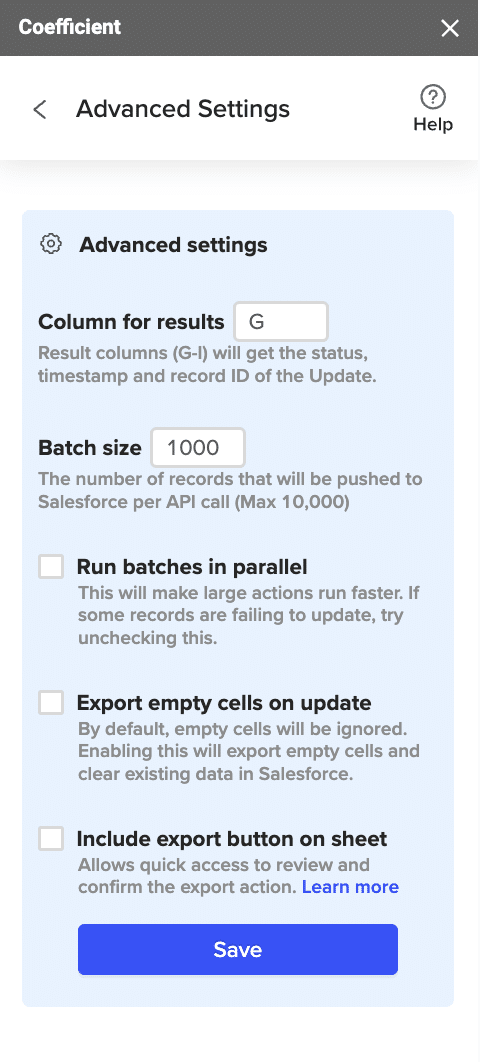 Specify additional settings such as batch size, whether to export empty cells on an update, and the column for results.