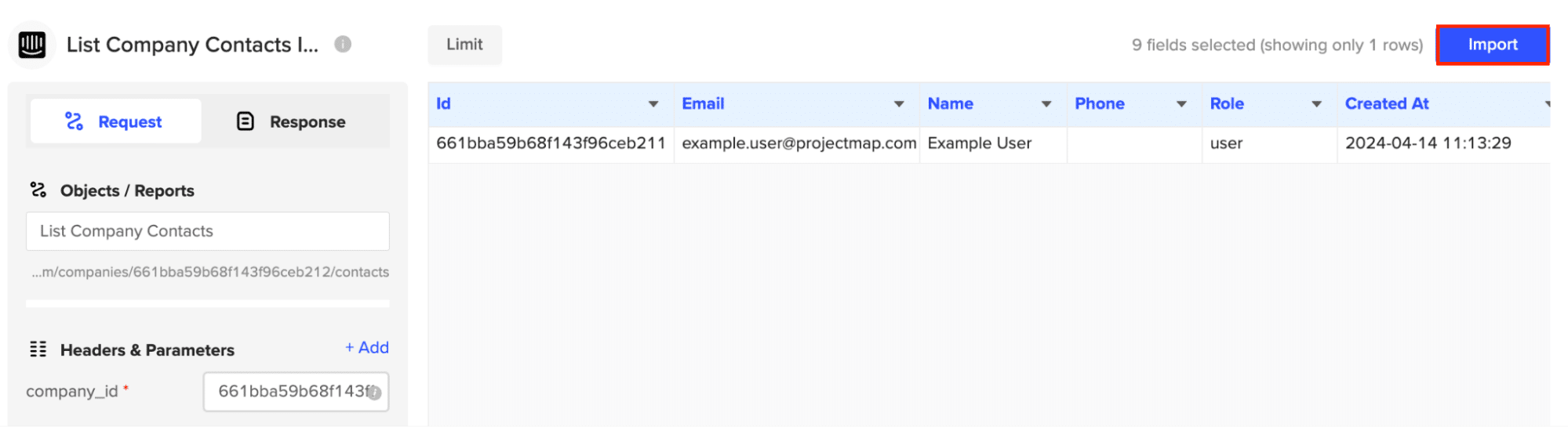 Select the fields you want and click "Import".