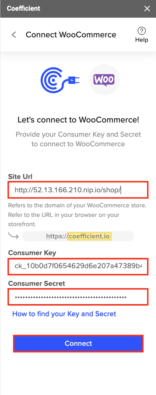 Entering WooCommerce API Consumer Key, Consumer Secret, and store URL in Coefficient, then clicking “Connect.”