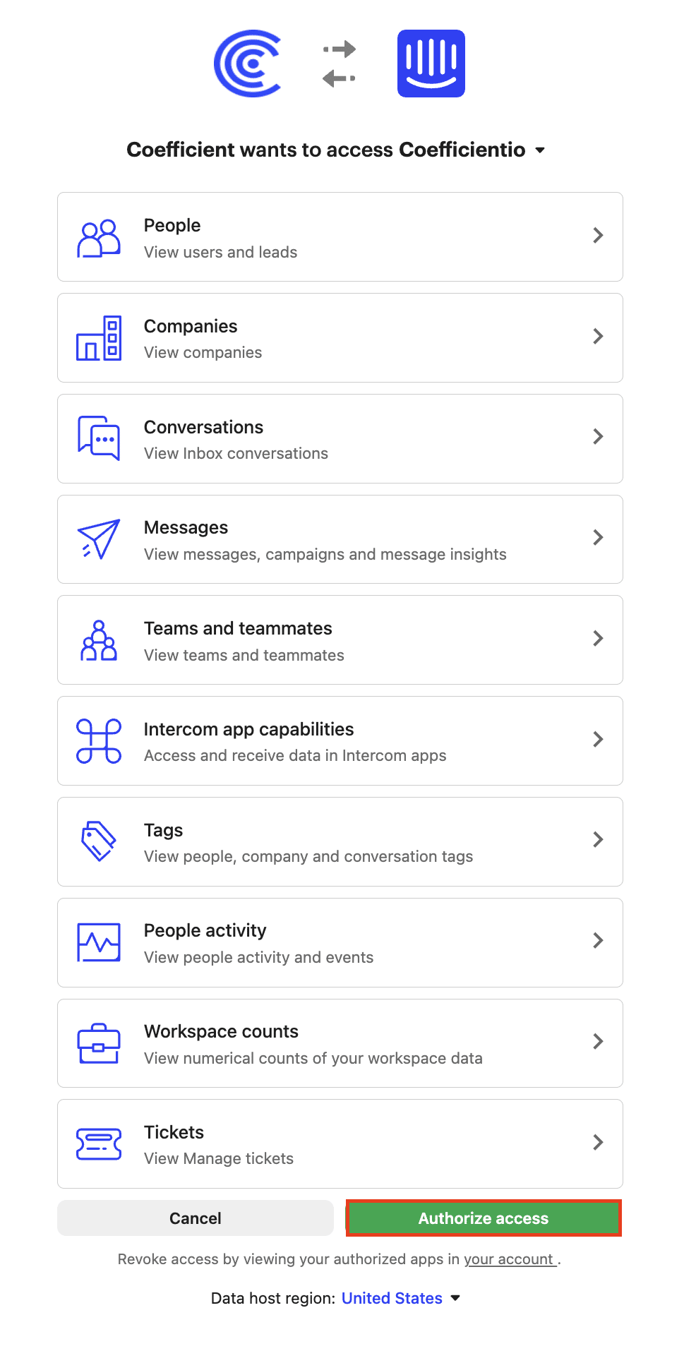 Selecting your Intercom data center in the connection setup.