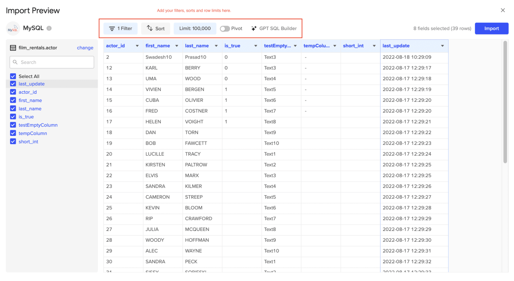 Customizing MySQL import