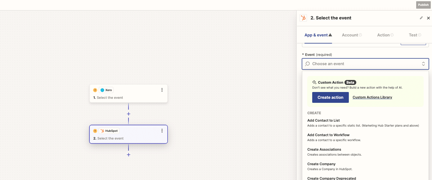  Selecting HubSpot action
