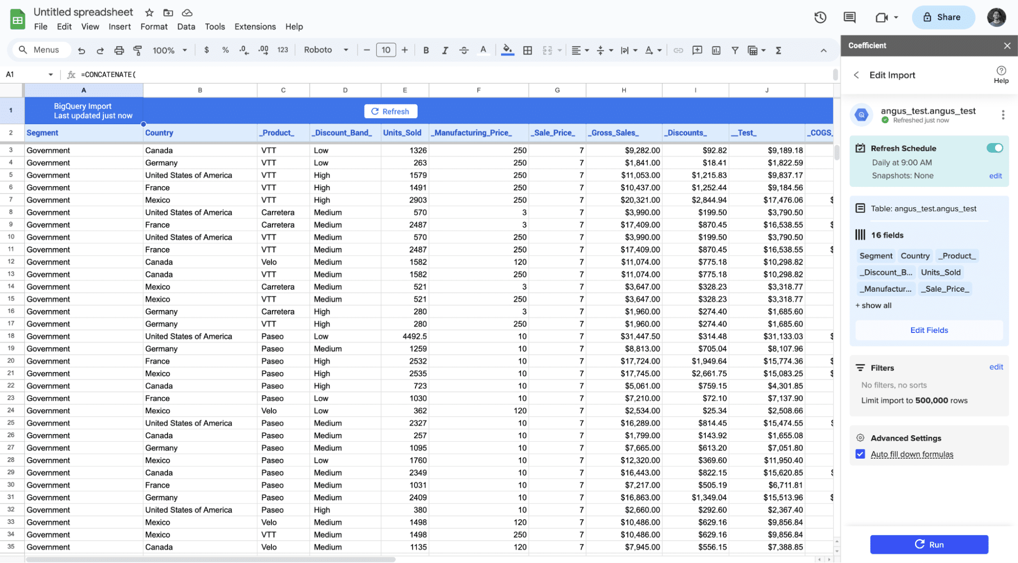 Importing data to spreadsheet