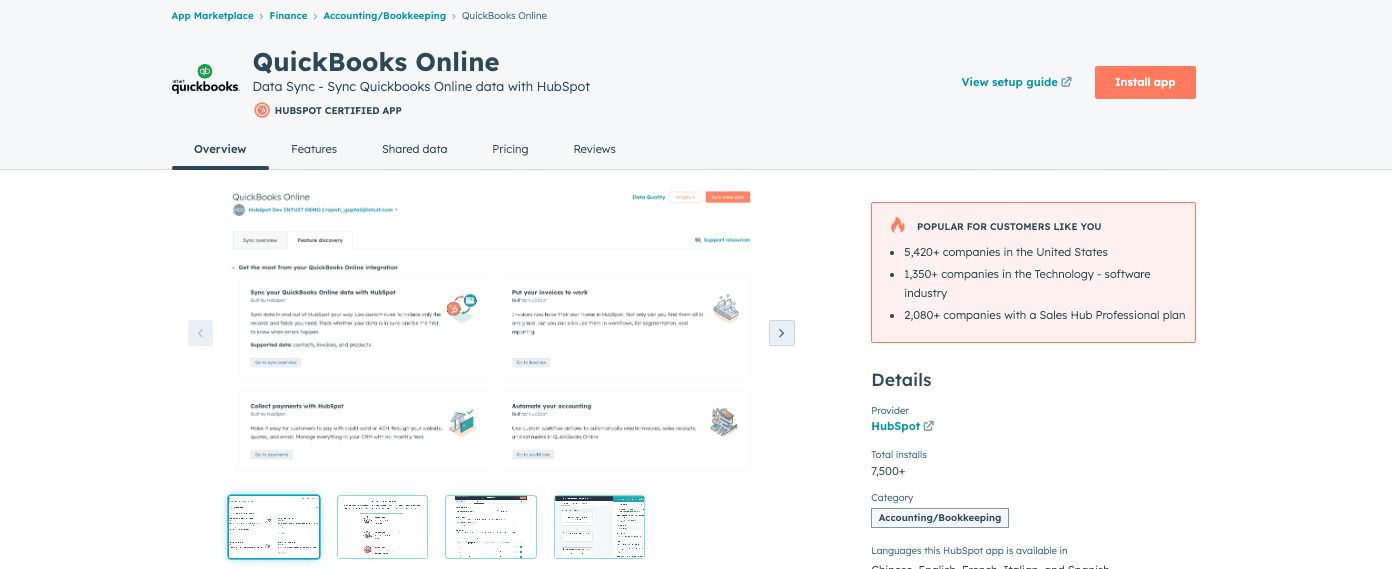 Native HubSpot-QuickBooks Integration homepage