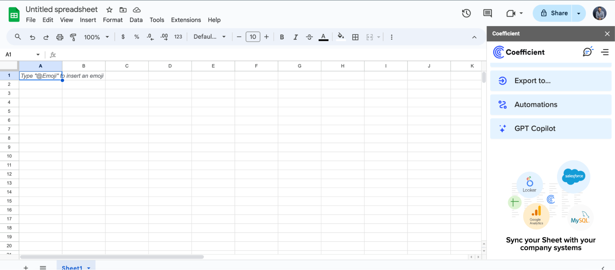 Opening Coefficient sidebar google sheets