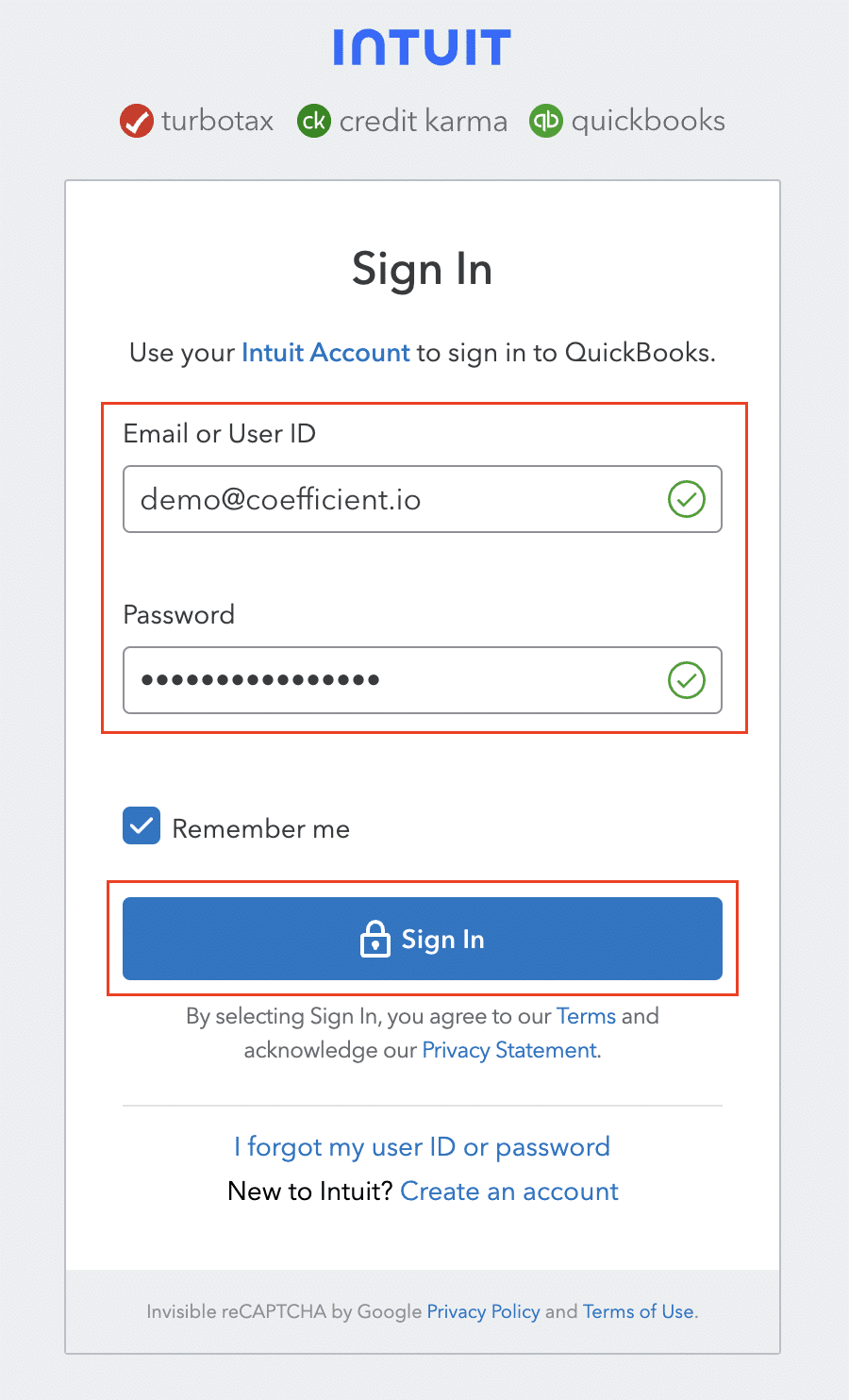 Providing QuickBooks login details
