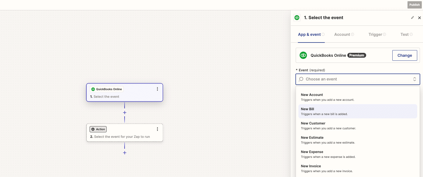 QuickBooks event in Zapier