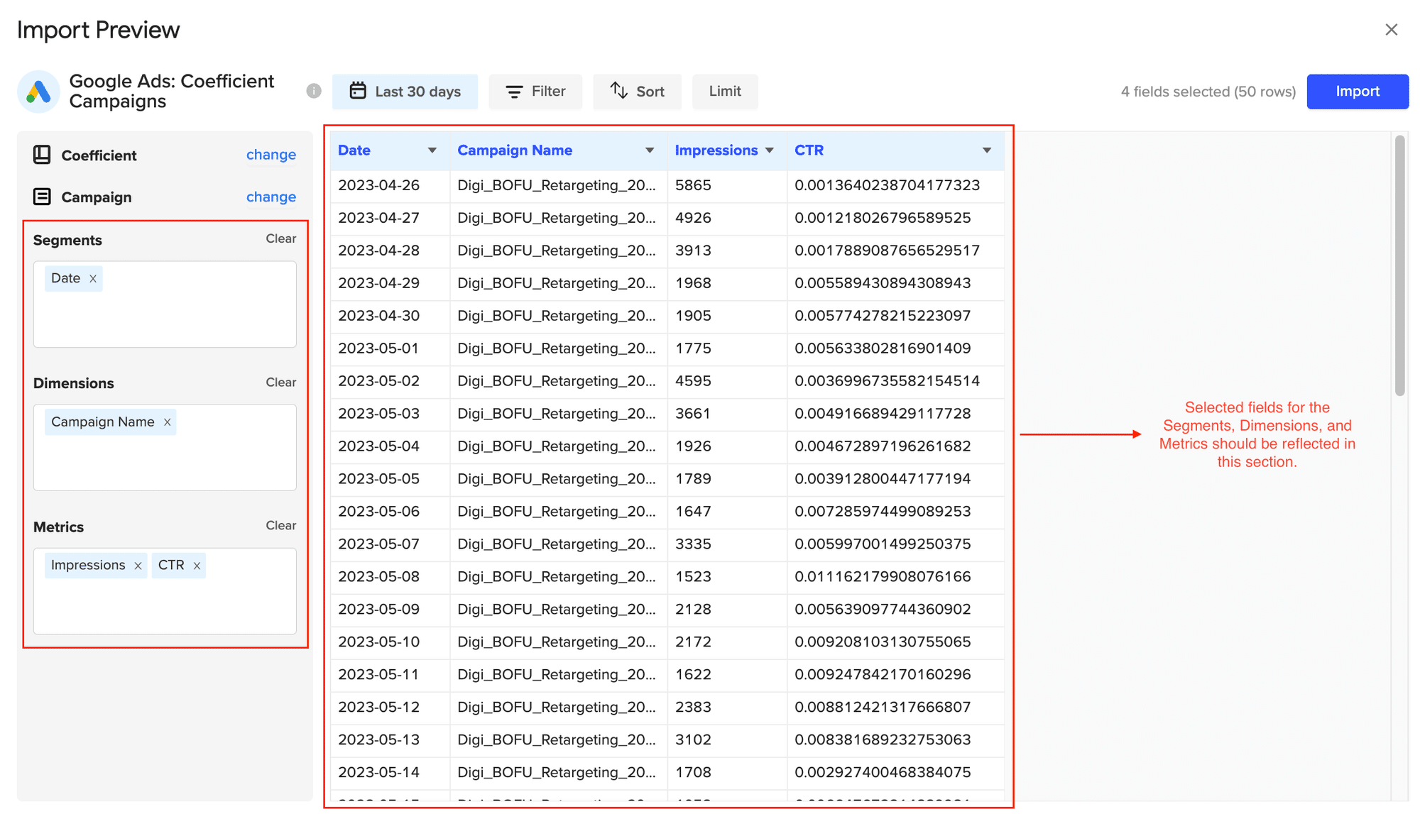 Coefficient data selection screen showing Google Ads metrics and dimensions with filters applied for import.