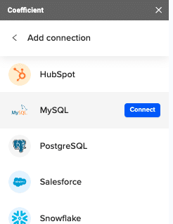  Coefficient sidebar with “Export to…” selected and MySQL chosen as the export destination.