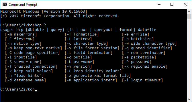 Command-line interface showing BCP command executed to export data from SQL Server.