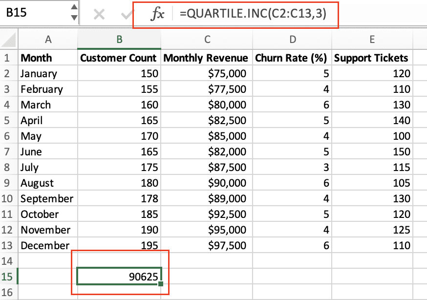 Screenshot showing how to calculate the 25th and 75th percentiles using the QUARTILE.INC function in Excel.