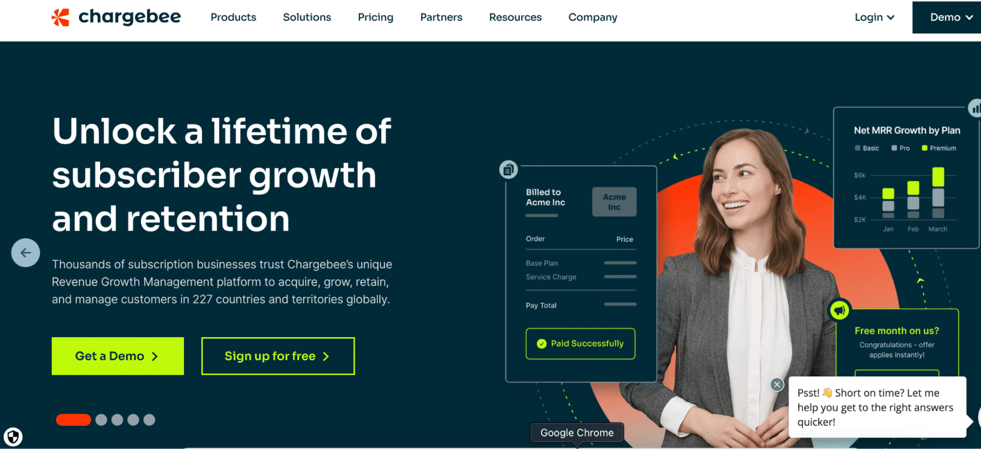 Chargebee homepage showing subscription management and revenue recognition tools integrated with Stripe.