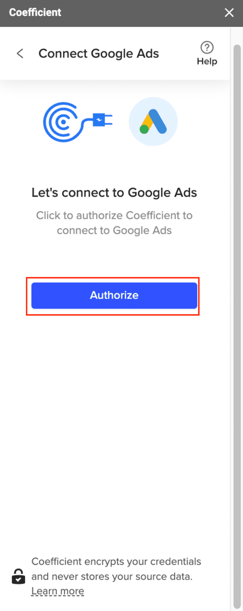 Coefficient interface showing Google Ads authentication prompts to connect the account.
