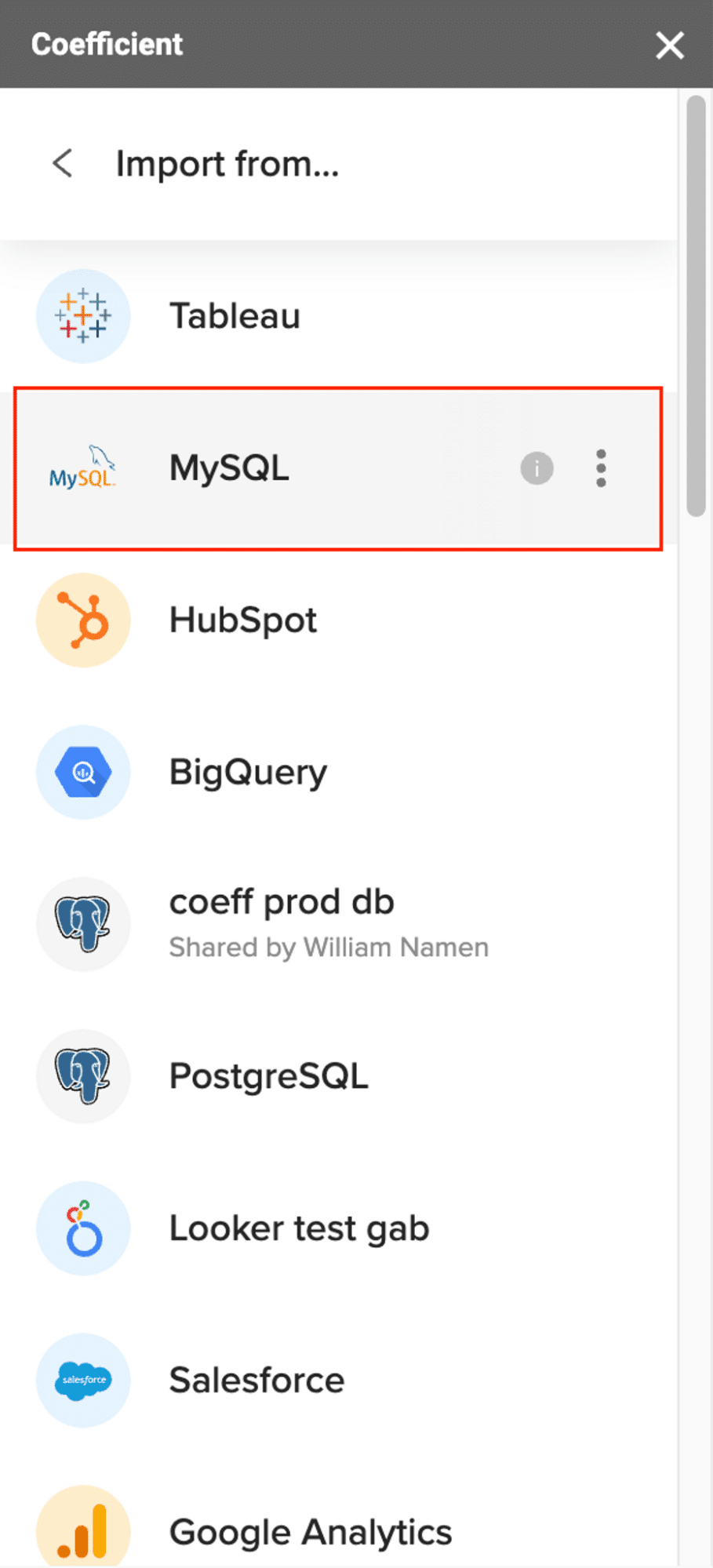 Coefficient interface with “Connect” button highlighted to establish a connection with MySQL.