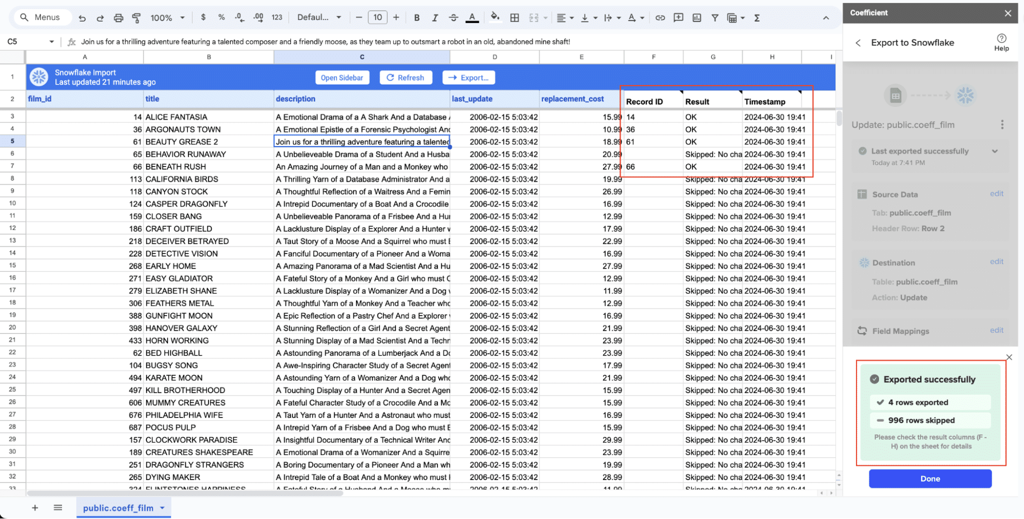 Coefficient confirmation screen showing export settings ready for data transfer to Snowflake.
